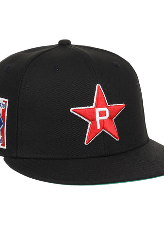 The EFF Philadelphia Stars NLB Team Color Fitted Ballcap features a black design with an embroidered white P Star logo and a colorful 1939 Baseball Centennial patch honoring the Negro National League.