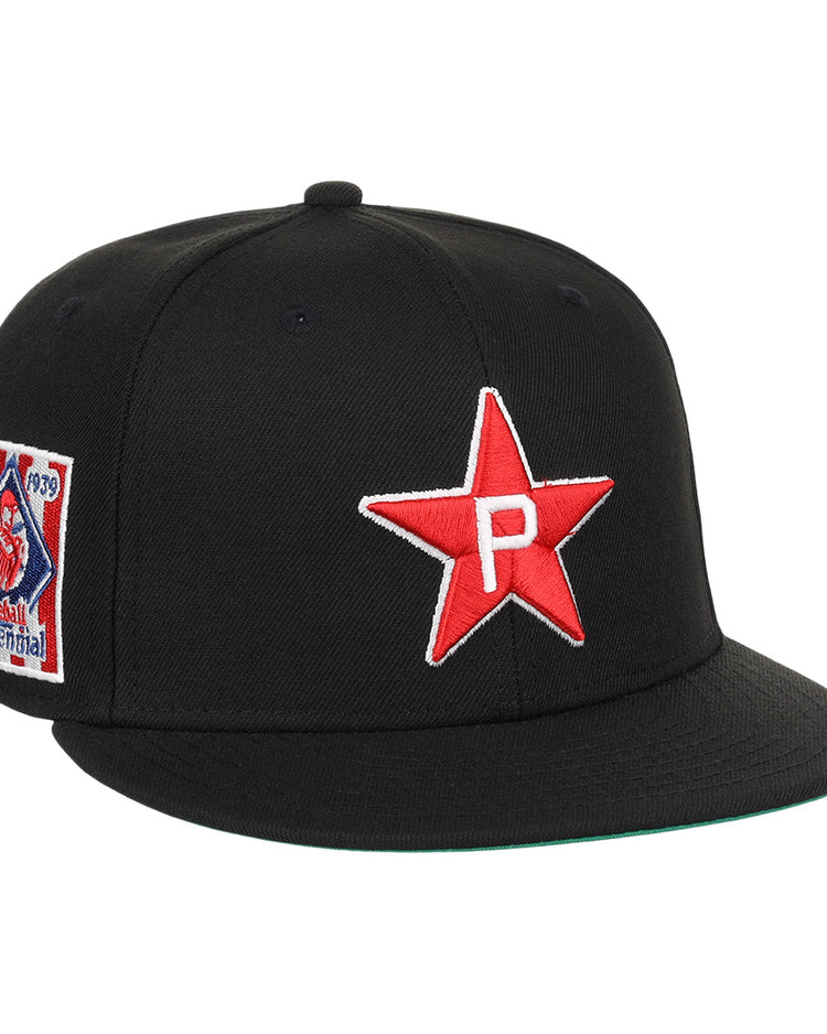 The EFF Philadelphia Stars NLB Team Color Fitted Ballcap features a black design with an embroidered white P Star logo and a colorful 1939 Baseball Centennial patch honoring the Negro National League.