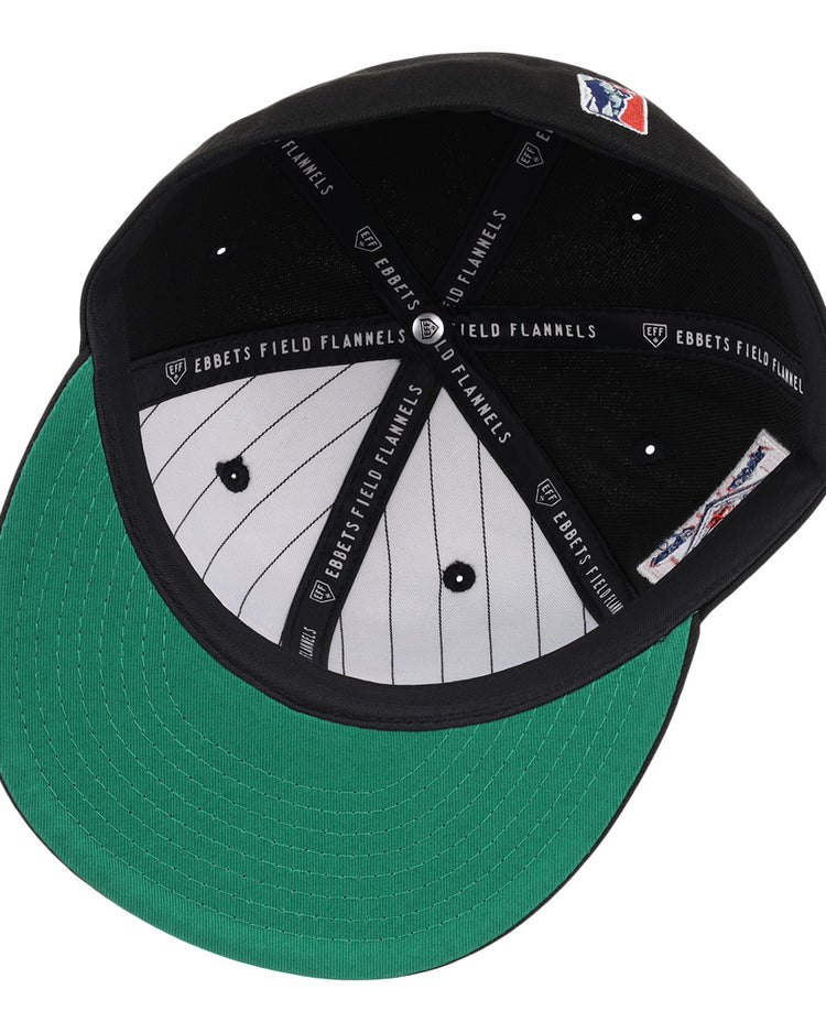An inside view of the EFF Philadelphia Stars NLB Team Color Fitted Ballcap shows its black design, green undervisor, white pinstripe lining, Ebbets Field Flannels labels on the inner bands, and an embroidered Star logo.
