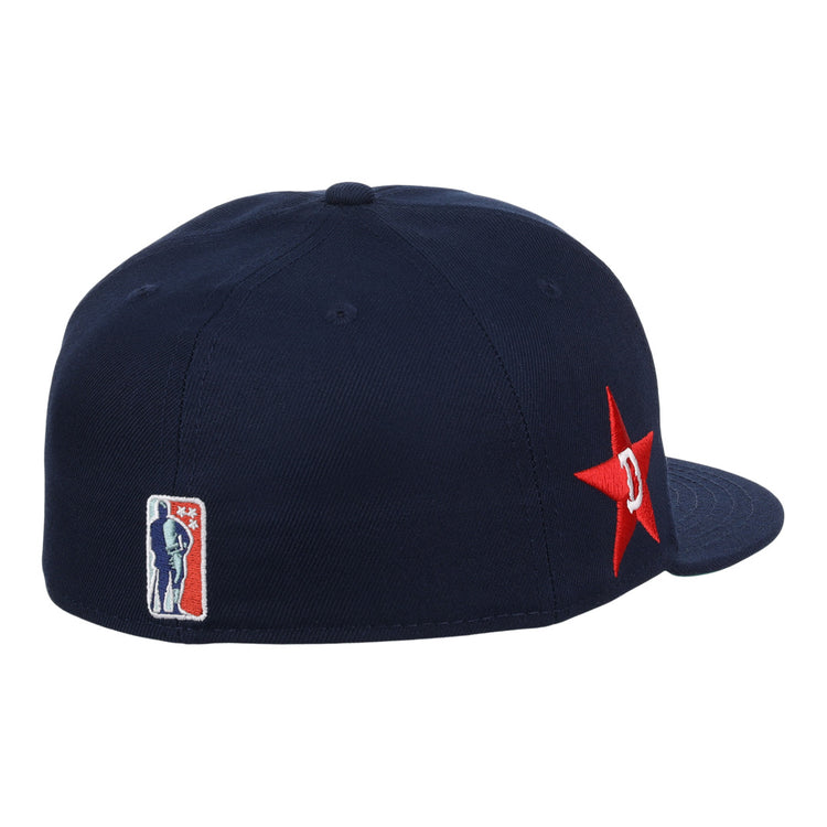 The EFF Detroit Stars NLB Team Color Fitted Ballcap in navy features a red star with a white D on the side and an NBA logo patch, perfect for fans of classic Detroit Stars style.