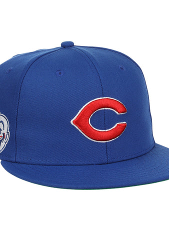The EFF Indianapolis Clowns NLB Team Color Fitted Ballcap is a vintage-inspired blue cap with a red C front, an Indianapolis Clowns patch with baseballs and Cubs text on the left, honoring the Negro American League.