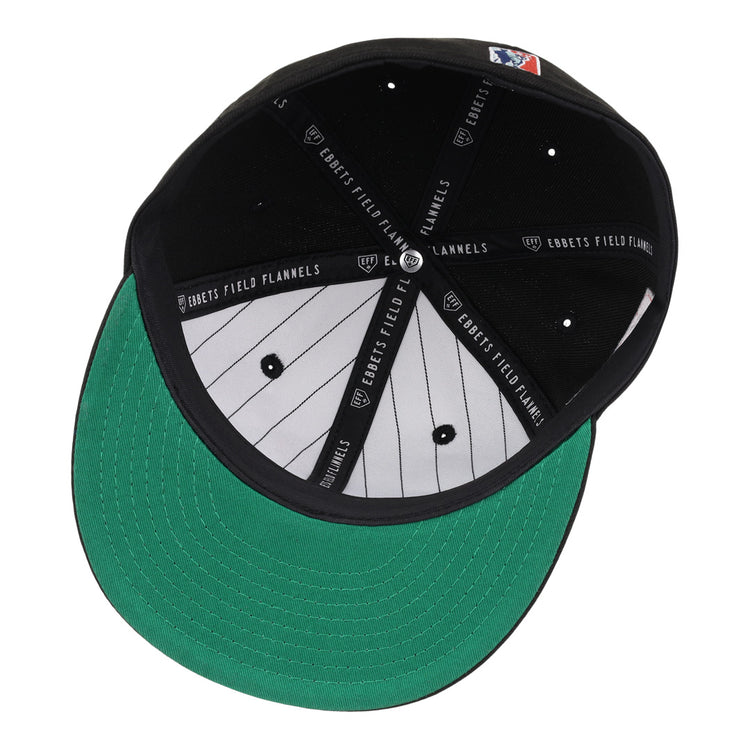 The EFF Louisville Black Caps NLB Team Color Fitted Ballcap features a green underbrim, striped white interior, black EFF-branded band, and MLB patch, celebrating the legacy of the Louisville Black Caps and the Negro National League.