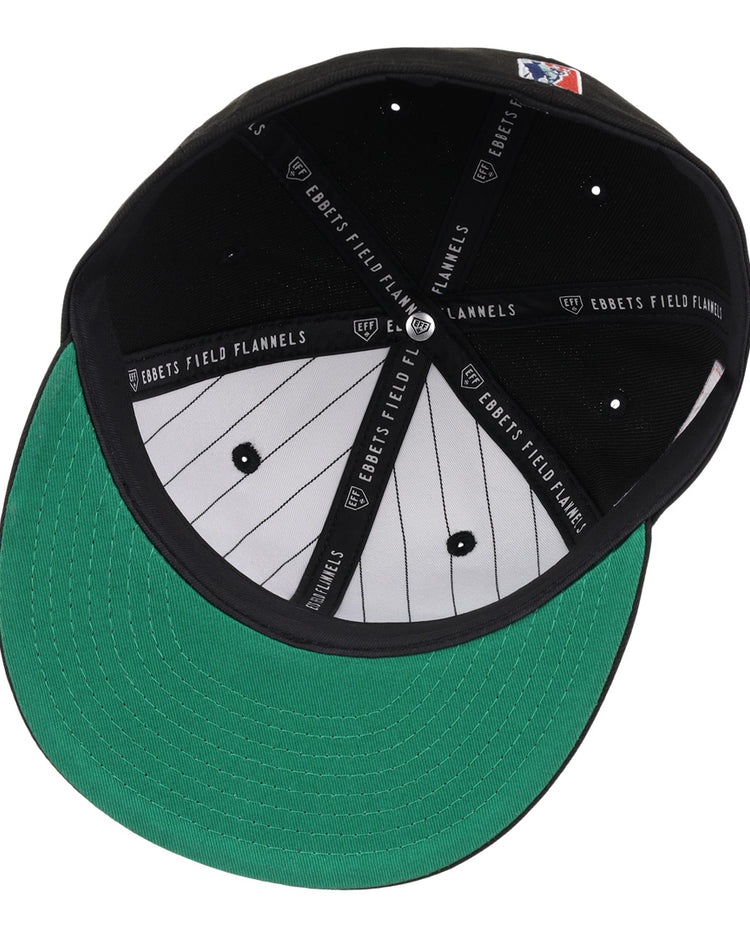 The EFF Louisville Black Caps NLB Team Color Fitted Ballcap features a green underbrim, striped white interior, black EFF-branded band, and MLB patch, celebrating the legacy of the Louisville Black Caps and the Negro National League.