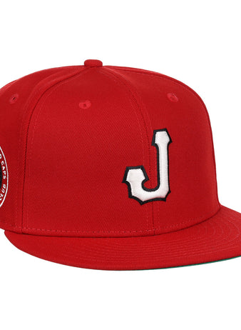 The EFF Jax Red Caps NLB Team Color Fitted Ballcap features a red design with a white and black 3D embroidered J on the front and a side patch reading Baseball Club 1938, honoring Negro American League history.