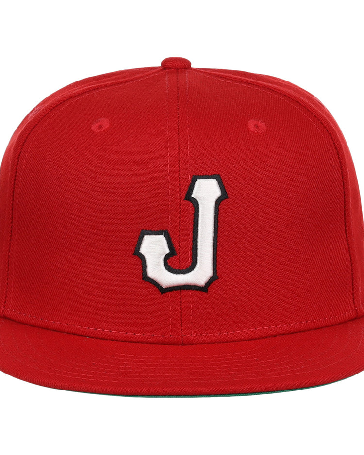 The EFF Jax Red Caps NLB Team Color Fitted Ballcap features a red design, flat brim, and bold 3D white J outlined in black on the front, honoring classic Negro American League style.