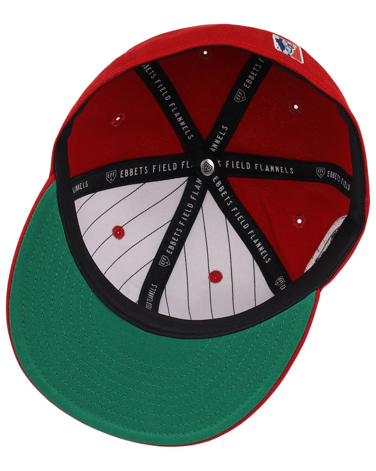 The image shows the inside of an EFF Jax Red Caps NLB Team Color Fitted Ballcap, featuring a green underbrim, black inner band with EBBETS FIELD FLANNELS in white, and white pinstripes lining the interior.