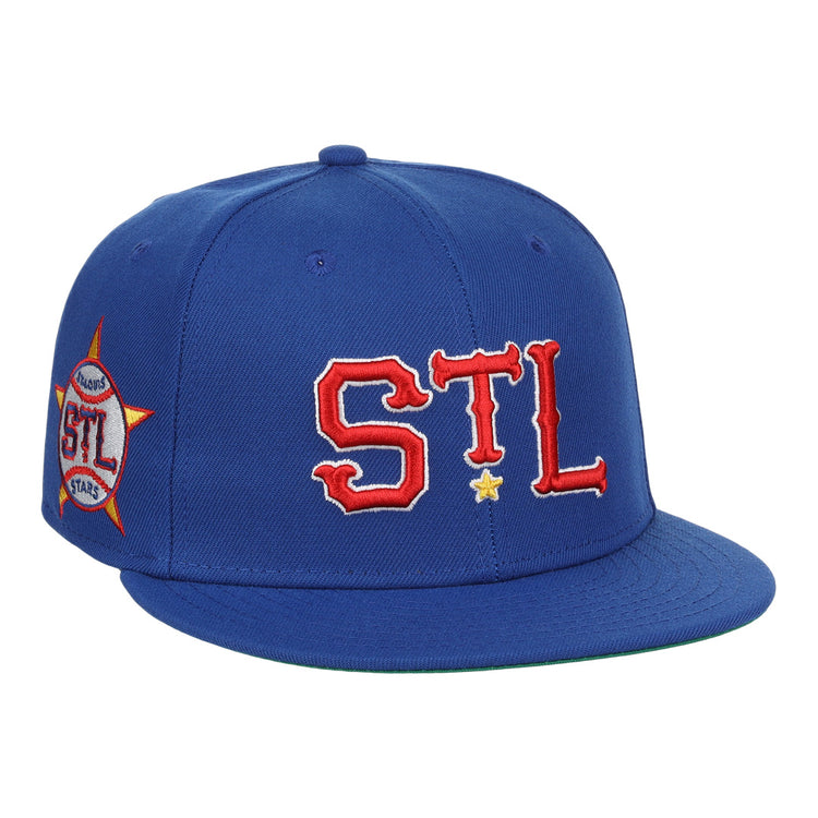 The EFF St. Louis Stars NLB Team Color Fitted Ballcap features bold red and white STL letters with a yellow star, plus a side patch with STL Stars outlined by a red star, inspired by Negro National League vintage caps.