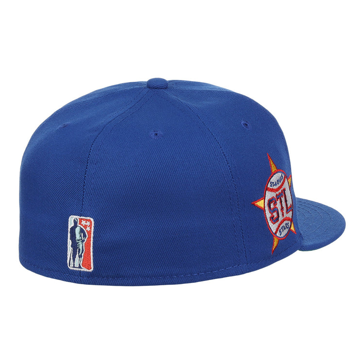 The EFF St. Louis Stars NLB Team Color Fitted Ballcap features a royal blue design with a red, white, and orange side logo and a small player logo on the back, honoring the Negro National League in vintage style.