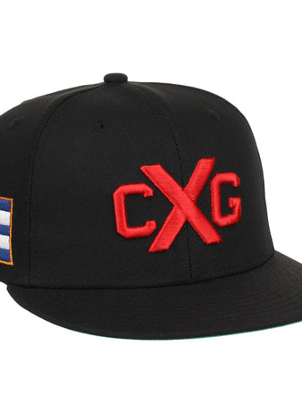 The EFF Cuban X Giants NLB Team Color Fitted Ballcap is black with bold red 3D CXG embroidery on the front and a Cuban flag patch on the left side.