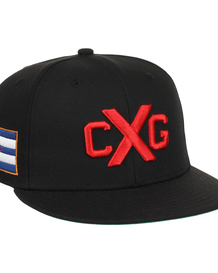 The EFF Cuban X Giants NLB Team Color Fitted Ballcap is black with bold red 3D CXG embroidery on the front and a Cuban flag patch on the left side.