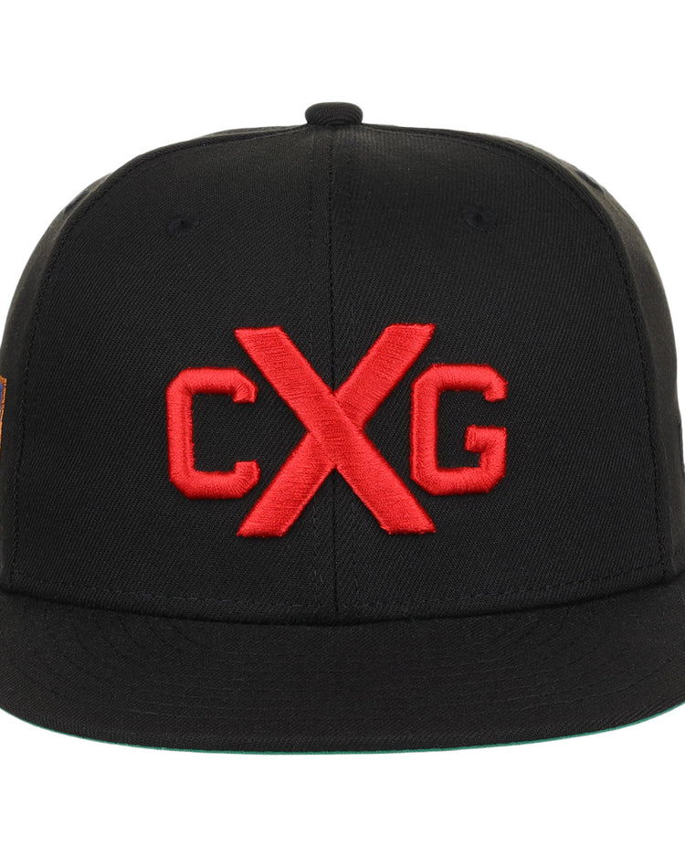 The EFF Cuban X Giants NLB Team Color Fitted Ballcap is a black cap with a flat brim, featuring a bold 3D CXG logo with the X crossing the letters and a small left side patch, inspired by vintage team styles.
