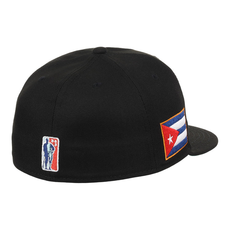 The EFF Cuban X Giants NLB Team Color Fitted Ballcap is a black hat with a Cuban flag patch on the side and a small 3D embroidered baseball player logo near the back.
