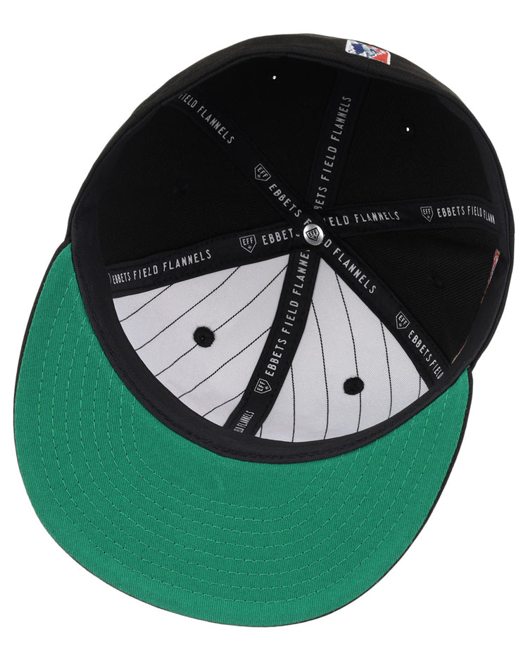 Top view of the EFF Cuban X Giants NLB Team Color Fitted Ballcap reveals green underbill, white pinstripe fabric, black panels, and EFF branding—classic details for this vintage-inspired Negro league hat.