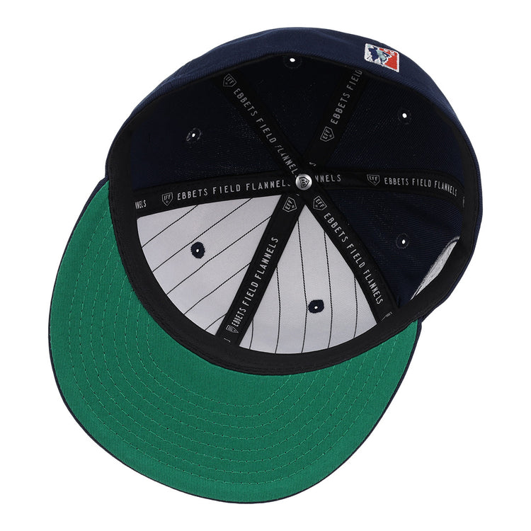 The Seattle Steelheads NLB Team Color Fitted Ballcap by EFF features a green brim, pinstriped inner panel, black headband with EBBETS FIELD FLANNELS text, and MLB logo tag for classic vintage baseball style.
