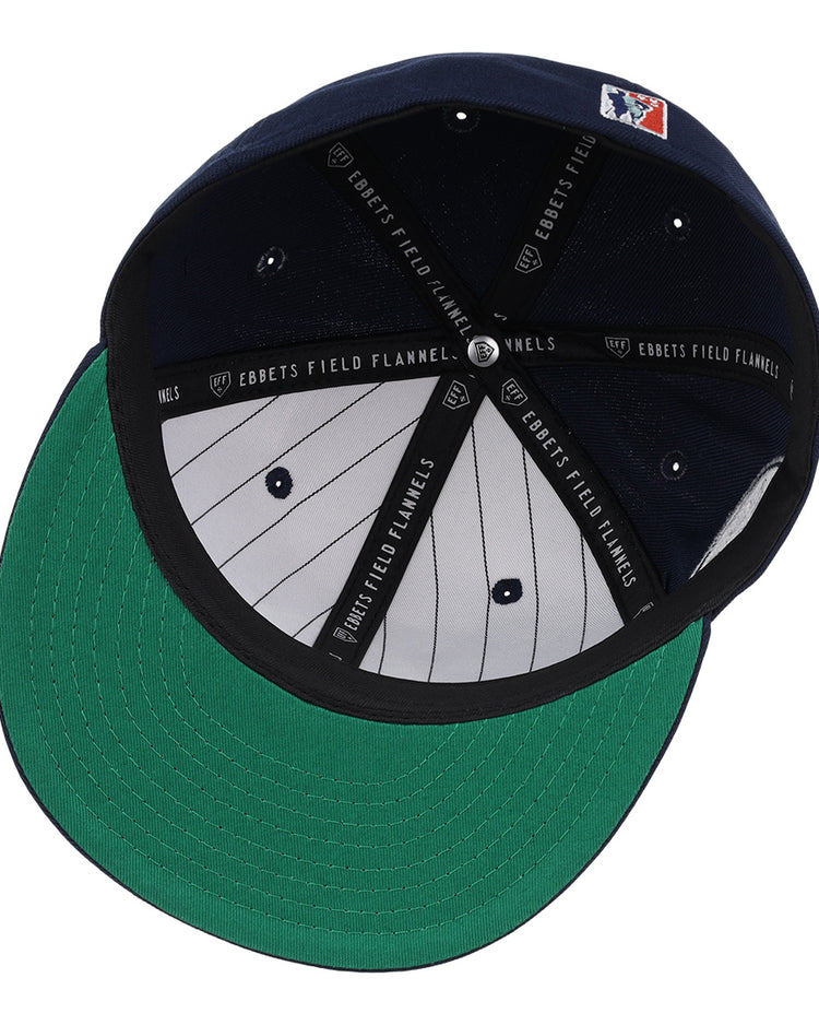 The Seattle Steelheads NLB Team Color Fitted Ballcap by EFF features a green brim, pinstriped inner panel, black headband with EBBETS FIELD FLANNELS text, and MLB logo tag for classic vintage baseball style.