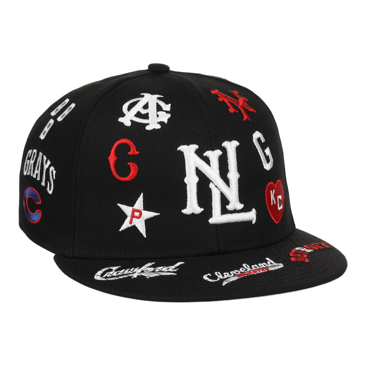 The EFF Negro League Baseball NLB Team Color Fitted Ballcap is vintage-inspired in black, with white, red, and blue embroidered team logos—like N, G, C—and various symbols on the cap and brim. Part of the Negro Leagues Baseball Collection.