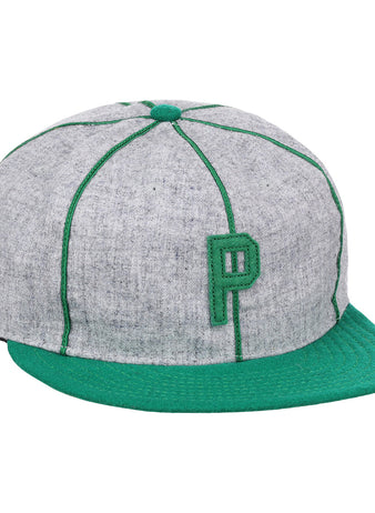 The Limited Edition Pittsburgh Filipinos 1913 Vintage Ballcap by Ebbets Field Flannels features gray fabric, green stitching and brim, and a bold green “P” embroidered on the front, celebrating an early Federal League legend.