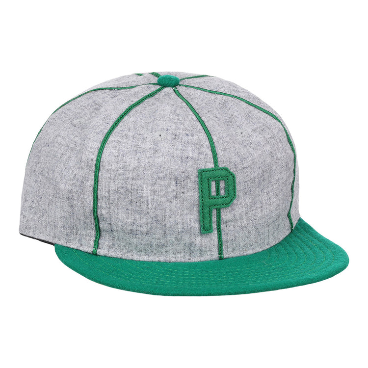 The Limited Edition Pittsburgh Filipinos 1913 Vintage Ballcap by Ebbets Field Flannels features gray fabric, green stitching and brim, and a bold green “P” embroidered on the front, celebrating an early Federal League legend.