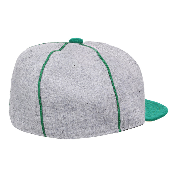The Limited Edition Pittsburgh Filipinos 1913 Vintage Ballcap by Ebbets Field Flannels features a light gray crown, green stitching, brim, and top button, shown from rear and side angles—echoing the classic Federal League-era style.