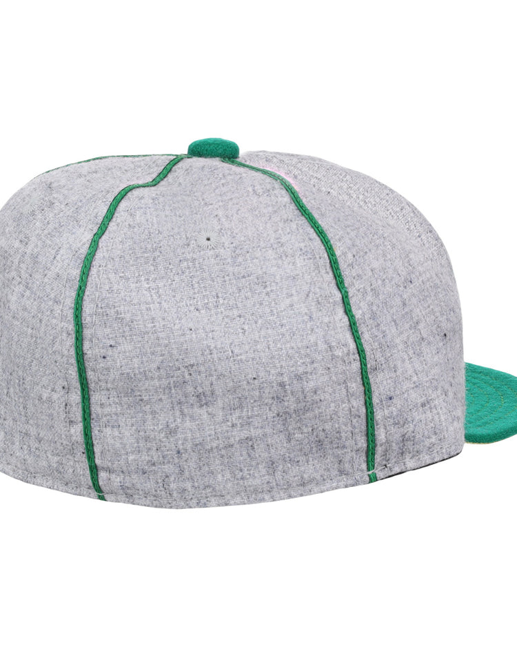 The Limited Edition Pittsburgh Filipinos 1913 Vintage Ballcap by Ebbets Field Flannels features a light gray crown, green stitching, brim, and top button, shown from rear and side angles—echoing the classic Federal League-era style.