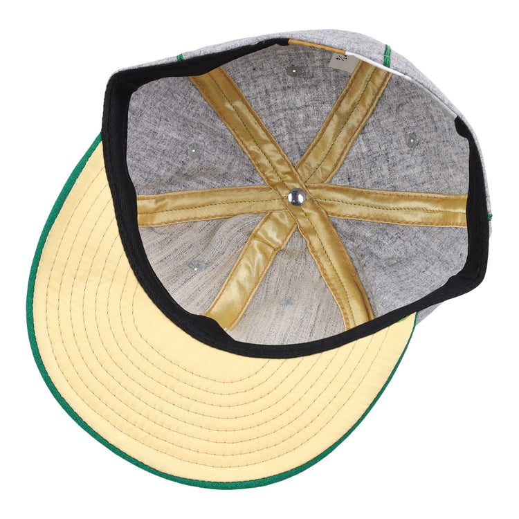 Top-down view of the Ebbets Field Flannels Limited Edition Pittsburgh Filipinos 1913 Vintage Ballcap, with a yellow brim, grey crown, gold inner seams, silver button, and green-trimmed edge—an authentic vintage-inspired piece.