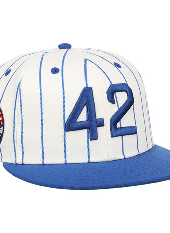 The EFF Jackie Robinson EFF Signature Series Fitted Ballcap - Pinstripe features blue pinstripes, a blue brim, 3D embroidered 42 on the front, and a circular patch with red, white, and blue accents on the side.