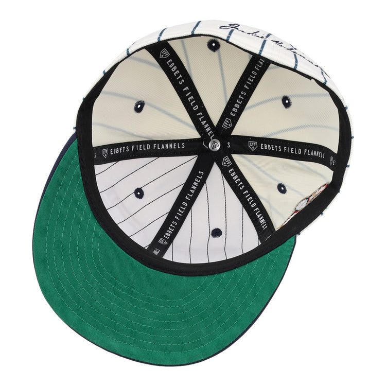 The Kansas City Monarchs EFF Monarchs Robinson Fitted Ballcap - Pinstripe has a green underbill, black and white pinstripe lining, and EFF branding on the interior tape.