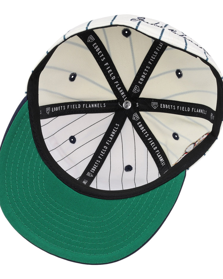 The Kansas City Monarchs EFF Monarchs Robinson Fitted Ballcap - Pinstripe has a green underbill, black and white pinstripe lining, and EFF branding on the interior tape.