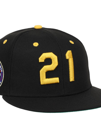 The Roberto Clemente EFF Signature Series Fitted Ballcap by EFF features a bold yellow 21 on the front, a circular patch with Clemente’s portrait and text, plus yellow accents and ventilation holes for a distinctive look.