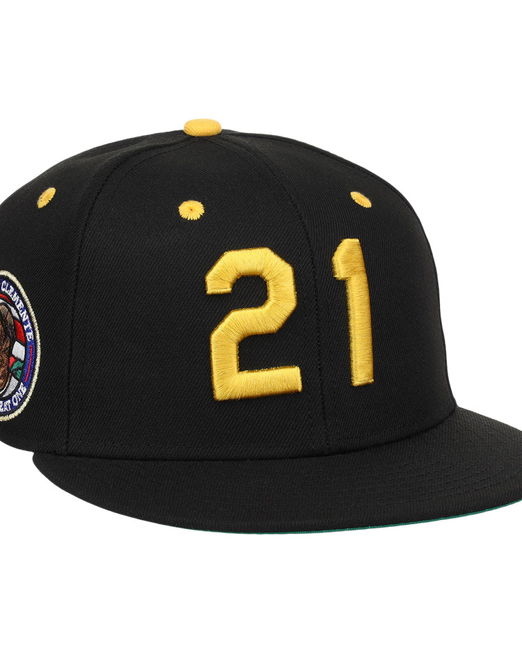 The Roberto Clemente EFF Signature Series Fitted Ballcap by EFF features a bold yellow 21 on the front, a circular patch with Clemente’s portrait and text, plus yellow accents and ventilation holes for a distinctive look.