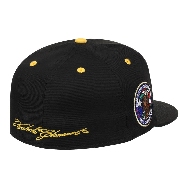 The EFF Roberto Clemente Signature Series Fitted Ballcap in black features yellow embroidery, button, and eyelets, plus a “Roberto Clemente The Great One” patch on the side for standout style.