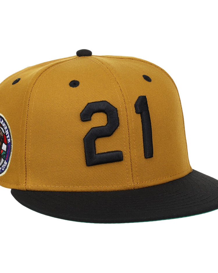 The EFF Roberto Clemente Signature Series Fitted Ballcap in gold features black number 21 on the front, a colorful side patch, and a black brim—perfect for fans and collectors.