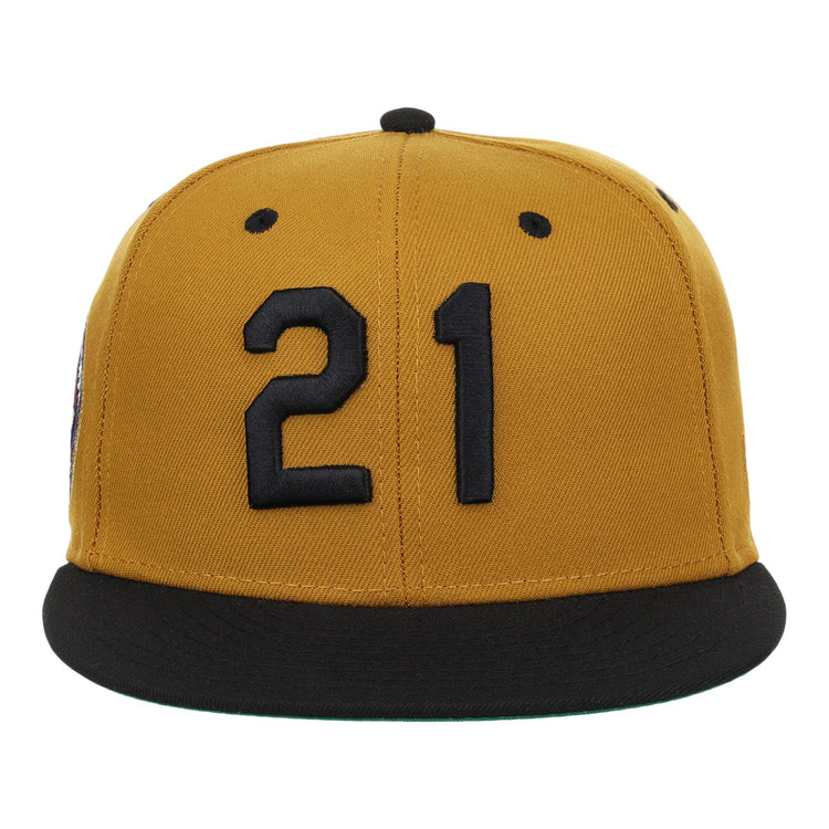 The EFF Roberto Clemente Signature Series Fitted Ballcap in gold features 3D black embroidery with the number 21 on the front and a black brim.