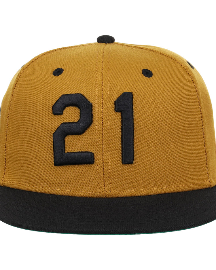 The EFF Roberto Clemente Signature Series Fitted Ballcap in gold features 3D black embroidery with the number 21 on the front and a black brim.