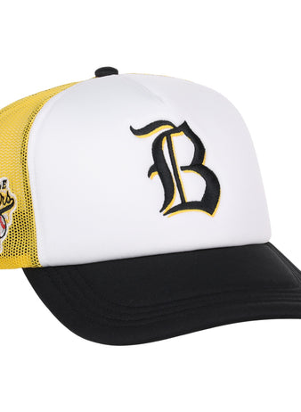 The EFF Beeville Blazers Lone Star Foam Trucker features white and yellow embroidery, a black brim, a bold black B, and a yellow mesh back with the team logo—ideal for Lone Star League fans.
