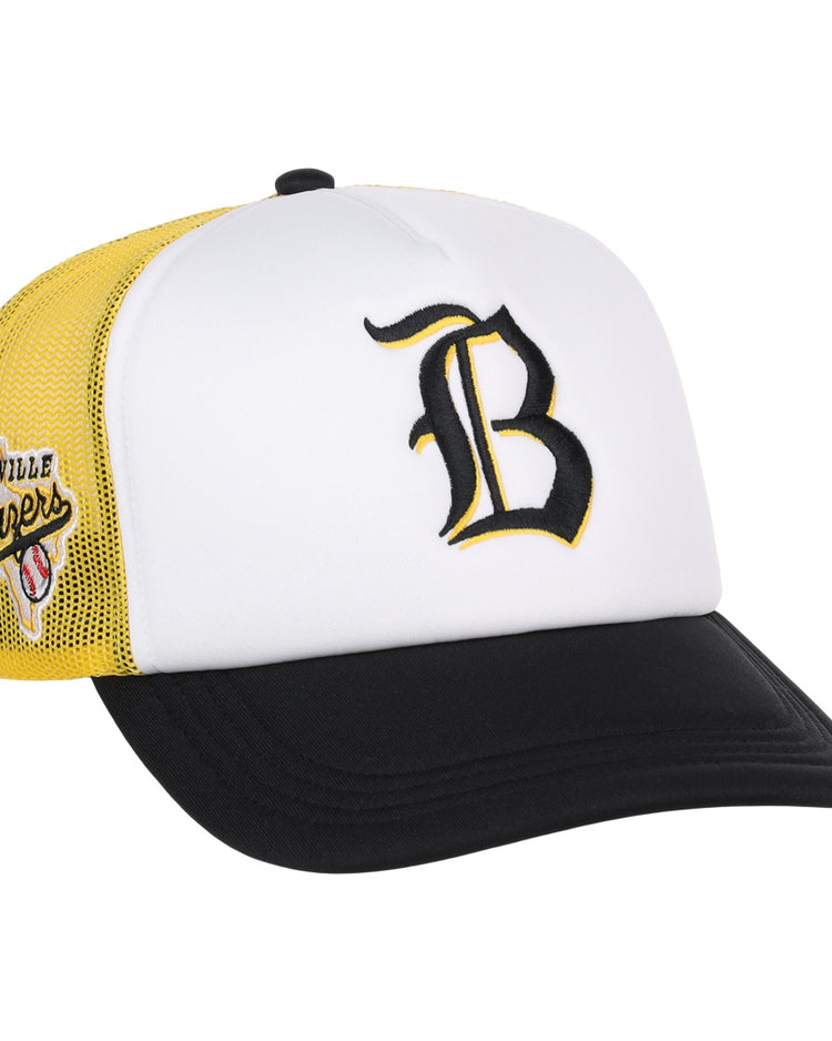 The EFF Beeville Blazers Lone Star Foam Trucker features white and yellow embroidery, a black brim, a bold black B, and a yellow mesh back with the team logo—ideal for Lone Star League fans.