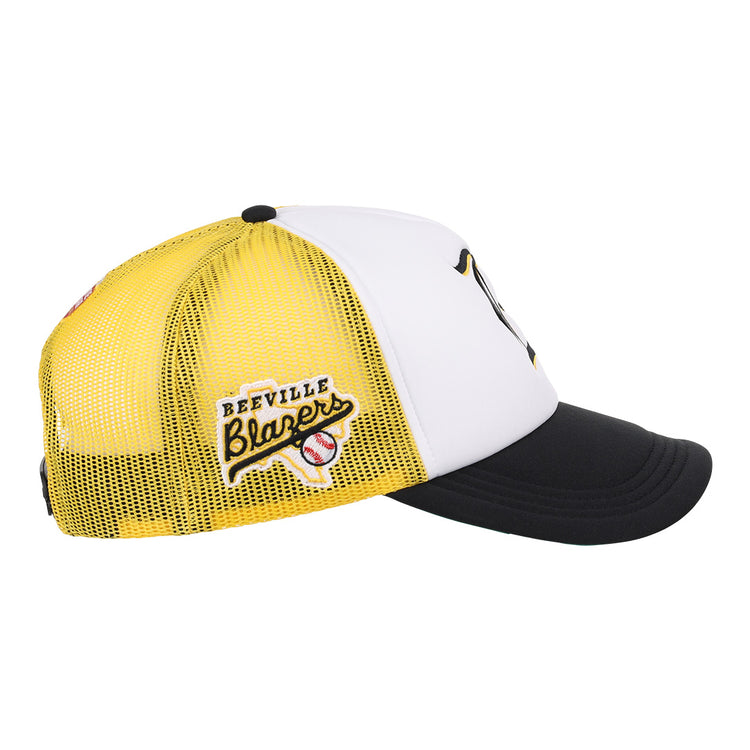 The EFF Beeville Blazers Lone Star Foam Trucker hat features mesh embroidery, a yellow back, white front, black bill, and a side patch with “Beeville Blazers” and two baseballs for authentic Lone Star League style.