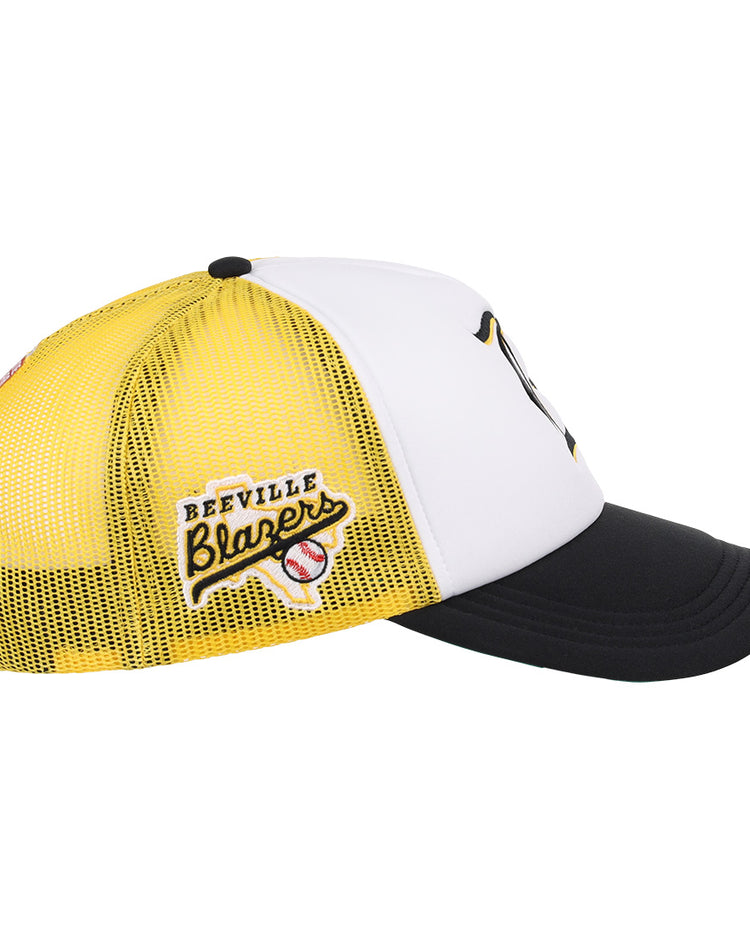 The EFF Beeville Blazers Lone Star Foam Trucker hat features mesh embroidery, a yellow back, white front, black bill, and a side patch with “Beeville Blazers” and two baseballs for authentic Lone Star League style.