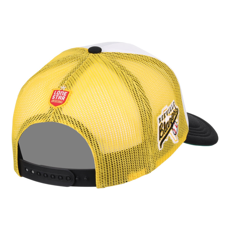 The EFF Beeville Blazers Lone Star Foam Trucker features a yellow mesh, black snapback, curved black brim, white front panel, a red Lone Star League patch on the back, and a Bananas embroidered side patch.