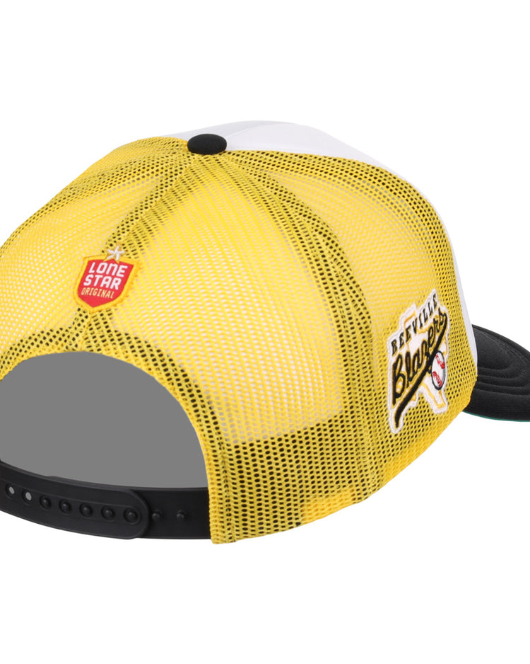 The EFF Beeville Blazers Lone Star Foam Trucker features a yellow mesh, black snapback, curved black brim, white front panel, a red Lone Star League patch on the back, and a Bananas embroidered side patch.