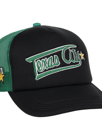 The Texas City Stars EFF Lone Star Foam Trucker by EFF features black and green colors, “Texas City” embroidered in green and white, plus a white Texas patch with yellow star—ideal for fans of the Texas City Stars or Lone Star League.