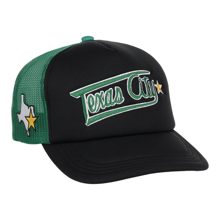 The Texas City Stars EFF Lone Star Foam Trucker by EFF features black and green colors, “Texas City” embroidered in green and white, plus a white Texas patch with yellow star—ideal for fans of the Texas City Stars or Lone Star League.