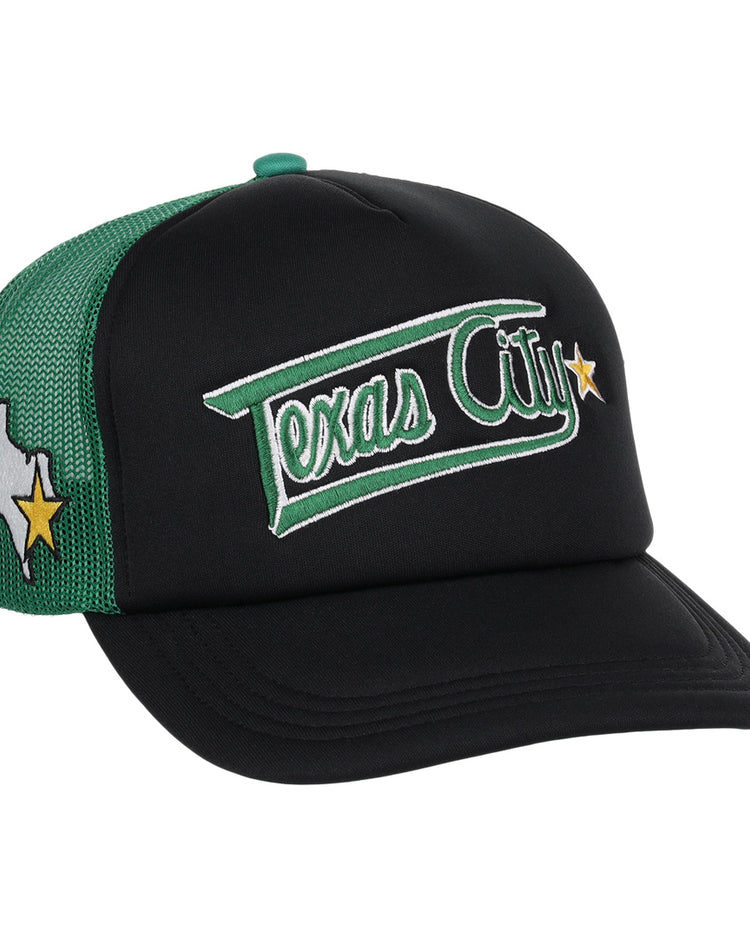 The Texas City Stars EFF Lone Star Foam Trucker by EFF features black and green colors, “Texas City” embroidered in green and white, plus a white Texas patch with yellow star—ideal for fans of the Texas City Stars or Lone Star League.