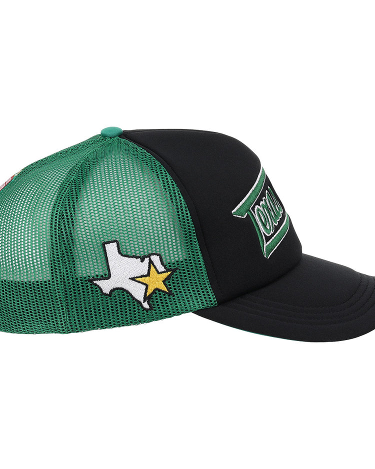 The EFF Texas City Stars Lone Star Foam Trucker hat features green and black colors, mesh sides, and a patch with the Texas outline and yellow star—perfect for Texas City Stars fans.