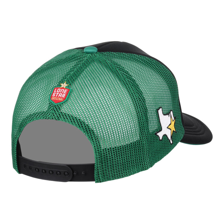 The EFF Texas City Stars EFF Lone Star Foam Trucker is a green mesh snapback with a black brim, featuring a Texas patch with a yellow star on the side and a Lone Star Rally pin on the back.