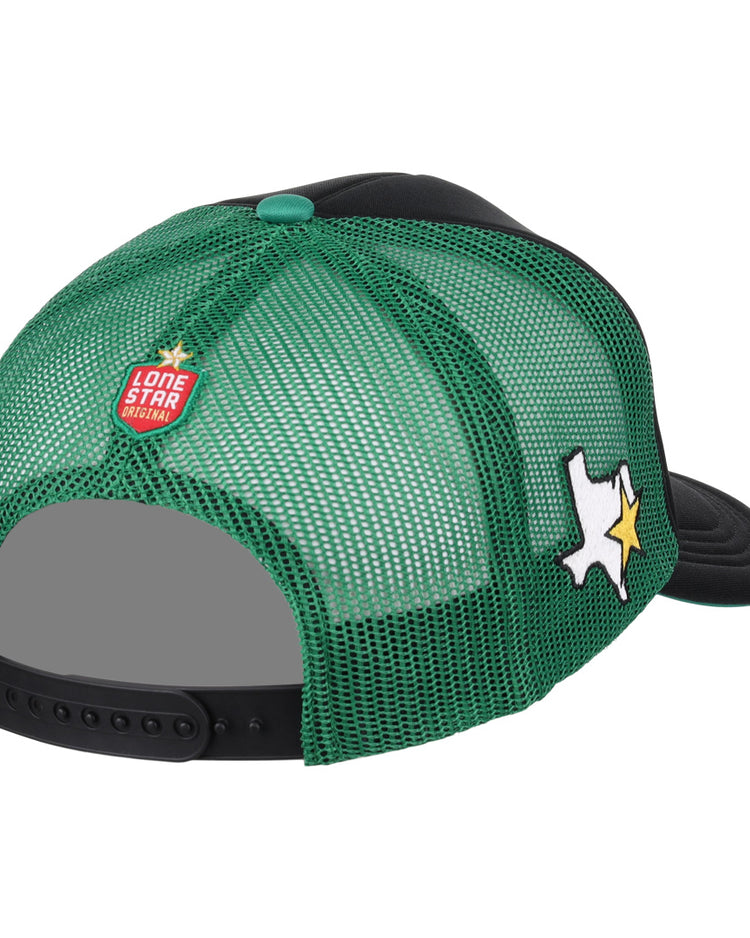 The EFF Texas City Stars EFF Lone Star Foam Trucker is a green mesh snapback with a black brim, featuring a Texas patch with a yellow star on the side and a Lone Star Rally pin on the back.