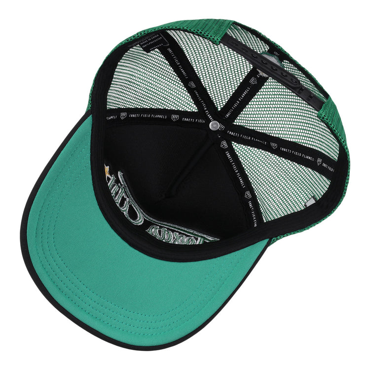 A top-down view inside a green and black Texas City Stars EFF Lone Star Foam Trucker hat shows the inner lining, mesh panels, and adjustable back strap. The EFF brand name appears on the black sweatband.