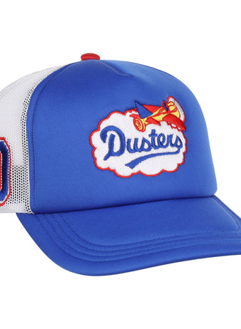 The EFF McAllen Dusters EFF Lone Star Foam Trucker is a blue and white mesh-back cap with chain-stitched red and yellow airplane, Dusters text on the front, and a bold blue and red D on the side. Inspired by the McAllen Dusters.