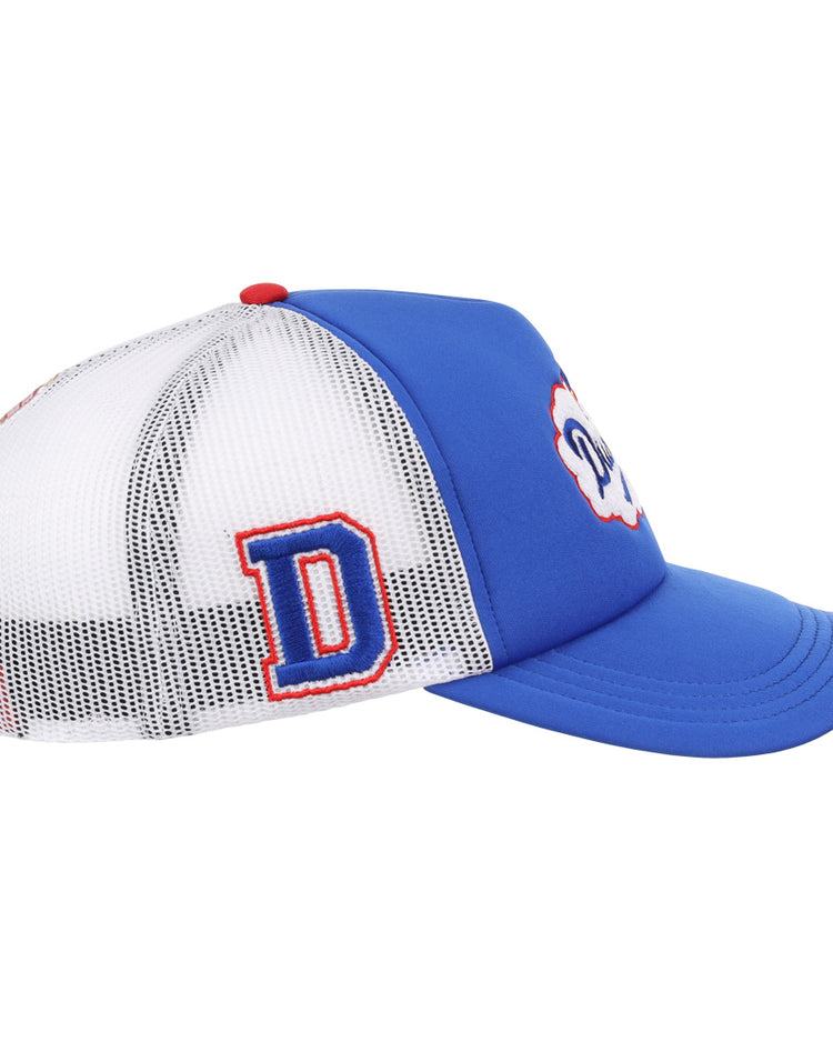 The EFF McAllen Dusters Lone Star Foam Trucker is a blue and white mesh hat with a curved brim, red top button, large chain-stitched D on the side, and a colorful cloud patch on the front.