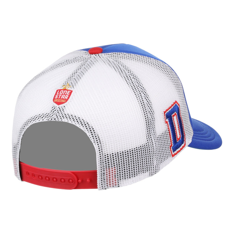 The EFF McAllen Dusters EFF Lone Star Foam Trucker features a blue and white design, red mesh snapback, and patch reading Lone Star, plus a bold red-bordered blue D inspired by the McAllen Dusters’ style.